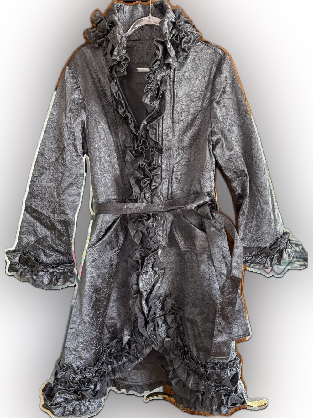 Ruffled Belted Metallic Gray Trench Coat
